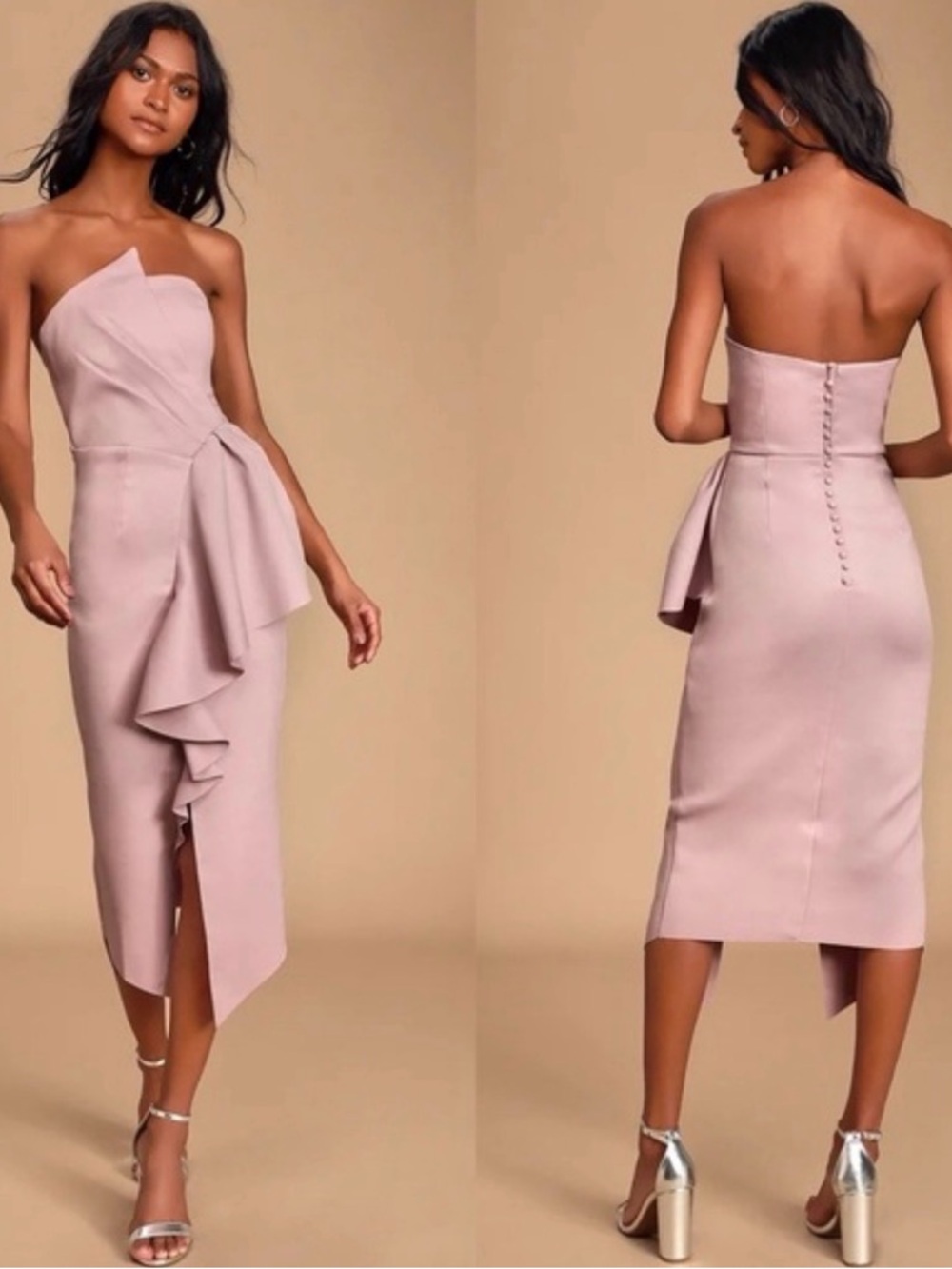 Elliatt Blush Pink Strapless Ruffle Midi Dress